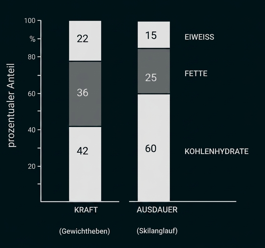 Säulendiagramm: prozentuale Anteile von Kohlenhydraten, Fetten und Eiweiß bei Kraft- und Ausdauersport.